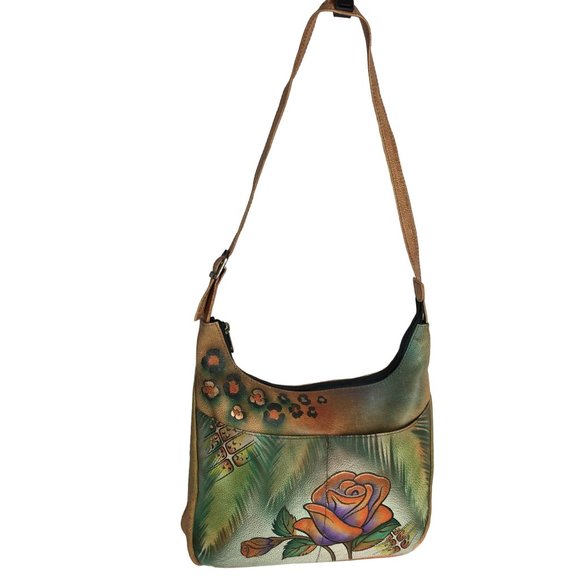 Anuschka NEVER USED Handpaint Leather Shoulder Bag Rose Distressed - Picture 2 of 11